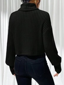 SHEIN Essnce Ladies' Solid Color High Neck Drop Shoulder T-shirt - Black - View 2