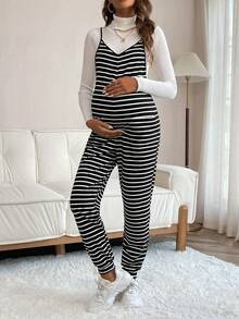 SHEIN Maternity Striped Print Overall Jumpsuit Without Tee - Black and White - View 6