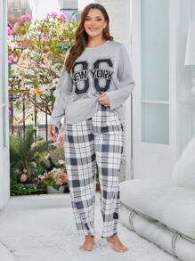 Plus Size Women's Letter & Plaid Print Pajama Set Cozy And Elegant Details, Fall Winter Clothes Outfit - Grey - View 4