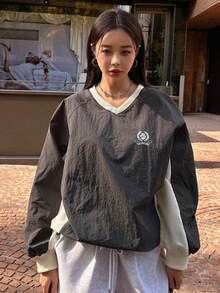 DAZY 拼色圖案連帽長款卫衣，設有斜肩袖 - 灰色 - 查看 6