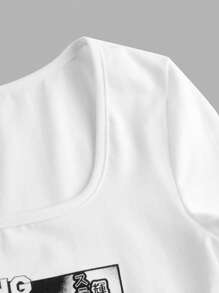 SHEIN Girls' Fashionable Knitted Short Sleeve Top With Square Neckline