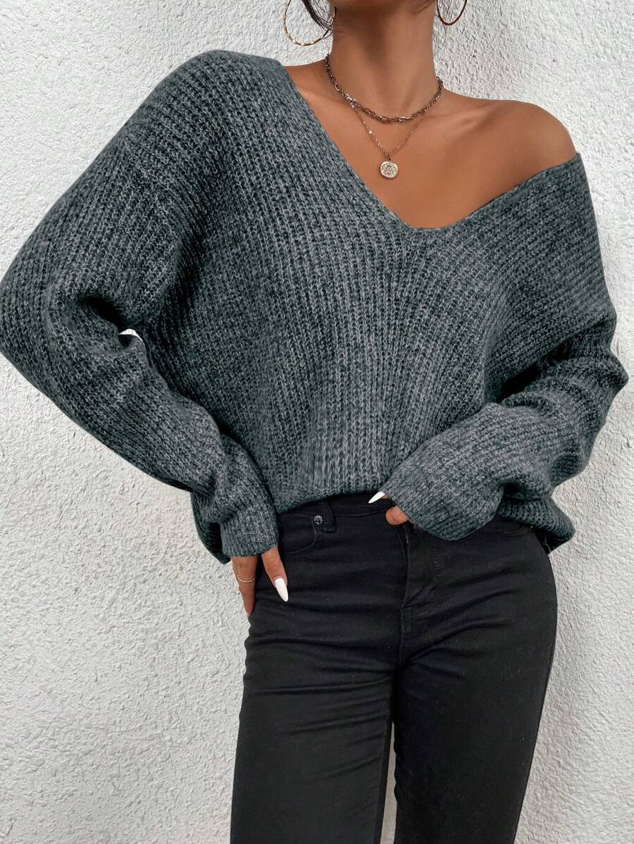 Elenzga V领落肩针织套头衫秋冬毛衣 - 藏蓝色 - 查看 1