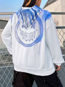 SHEIN Coolane 加大码抽绳卫衣，印有表情符号并采用扎染工艺 - 白色 - 查看 4