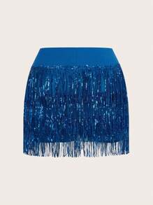 SHEIN ICON 大碼修身發亮的流蘇半身裙 - 藍色 - 查看 2