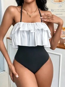 SHEIN Privé Women's Contrast Ruffle Camisole Bodysuit - Black and White - View 1