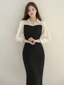 DAZY Váy sơ mi phối màu dành cho nữ - Đen và trắng - Xem 7