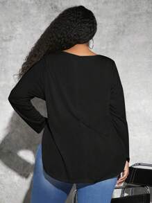 SHEIN CURVE+ Hơn Chất rắn Viền chia cắt Áo thun - màu đen - Xem 2