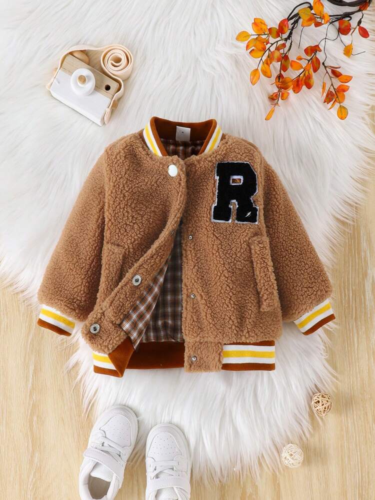 Baby Boy Letter Patched Striped Trim Varsity Jacket