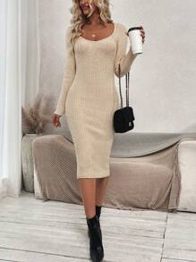 Chiquease Scoop Neck Ribbed Knit Sweater Dress Without Belt - Apricot - View 5