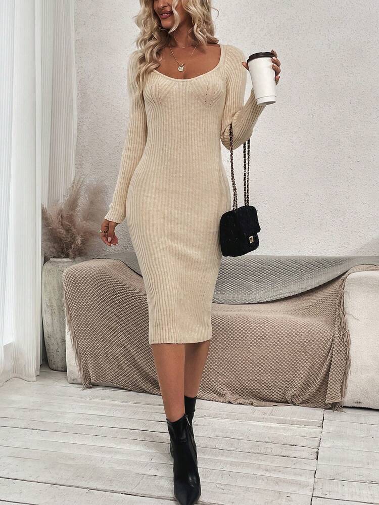 Scoop Neck Ribbed Knit Sweater Dress Without Belt