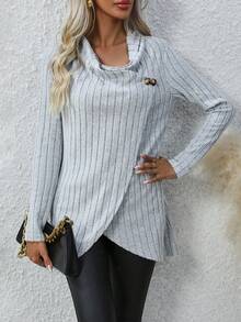 SHEIN LUNE Draped Collar Wrap Hem Tee - Grey - View 6
