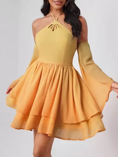 Krystal Everdeen Designer Tie Backless Halter Neck Trumpet Sleeve Layer Hem Elegant Dress, For Holiday, Vacation