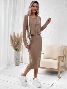 SHEIN LUNE Solid Button Front Coat & Dress - Khaki - View 4