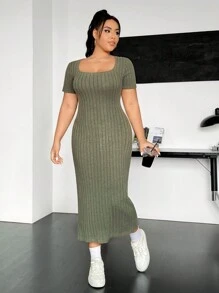 SHEIN EZwear Plus Scoop Neck Ribbed Knit Bodycon Dress - Green - View 5
