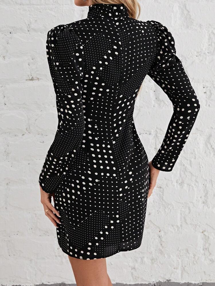 Polka Dot Print Mock Neck Puff Sleeve Ruched Split Hem Dress Winter Elegant Black Evening Dress