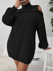 SHEIN Clasi Women's Plus Size High Neck Shoulder Cut-out Solid Color Sweater Dress - Black - View 3