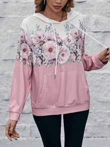 SHEIN LUNE Của phụ nữ Hoa In Áo nỉ có mũ Với dây rút - Hồng - Xem 5