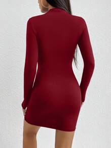 SHEIN PETITE Màu thuần Thon gọn Tay áo dài Váy bodycon - Màu Đỏ Sâu - Xem 2