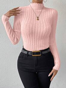 SHEIN Essnce 立領純色套頭毛衣 - 粉色 - 查看 5