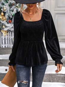 SHEIN Clasi Blusa de mujeres de manga con encaje escote V - Negro - Ver 3