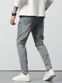 Manfinity Homme Men Cotton Bleach Wash Ripped Skinny Jeans Slim Fit Long Washed Light Jean Cargo Plain Blue Work Business Casual Husband