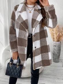 SHEIN Franclia 大尺寸格紋翻領大衣 - 灰色 - 查看 4