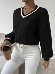 Chiquease Lantern Sleeves Striped Cable Knit Sweater,Long Sleeve Tops