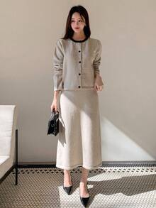 Dazy Star Contrast Trim Cardigan & Knit Skirt - Light Grey - View 5