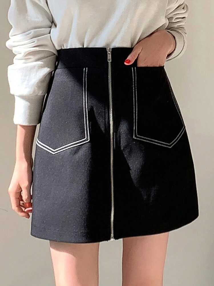 Contrast Stitching Zip Up Skirt Fall