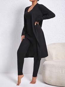 Women'S Solid Color Ribbed Home Clothing Set - Black - View 6