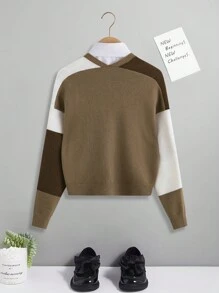 SHEIN Tween Girls Color Block Short Cardigan - Coffee Brown - View 2