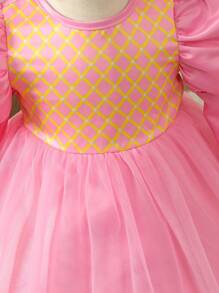 Baby Girls' Elegant Wedding Dress With Tulle Flounced Hem, Satin And Golden Print Design, With A Headband - Hot Pink - View 6