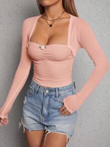 SHEIN PETITE Appliques Ruched Bustier Top - Pink - View 6