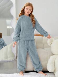 SHEIN Cô gái Tween Thêu Chữ Thiết kế tai 3D áo có mũ Flannel Bộ hoodie & Quần PJ - Màu xanh bụi bặm - Xem 4