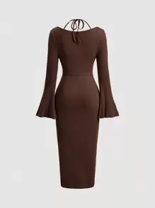 SHEIN MOD Robe fourreau marron, robe longue avec manches, décolleté drapé, manches évasées, froncé taille, ourlet enveloppé, robe cache-cœur, robe pour garden party - Tabac - Voir 2