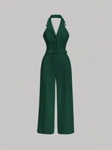 SHEIN MOD Solid Lapel Neck Belted Halter Halter Jumpsuit - Army Green - View 1