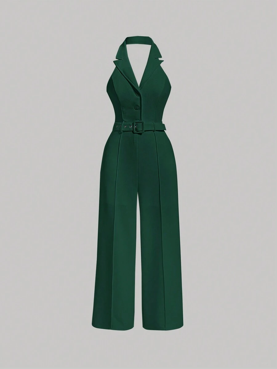SHEIN MOD Solid Lapel Neck Belted Halter Halter Jumpsuit - Army Green - View 1