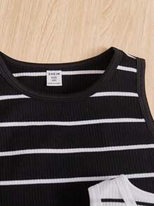 Tween Girl 2pcs/Set Knitted Black & White Striped Loose Fit Sleeveless Top