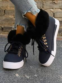 女士时尚圆头厚底雪地靴，中筒毛领靴，系带虎口设计，波浪纹橡胶鞋底，适合日常穿着、户外雪地活动、办公室装扮，舒适保暖，秋冬季百搭雪地靴 - 藏蓝色 - 查看 2