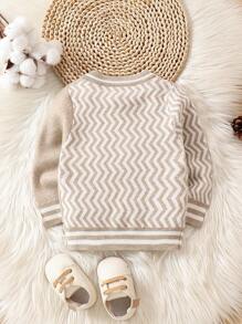 Baby Boy Chevron & Cartoon Pattern Striped Trim Cardigan - Khaki - View 2