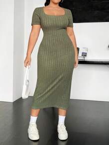 SHEIN EZwear Plus Scoop Neck Ribbed Knit Bodycon Dress - Green - View 4
