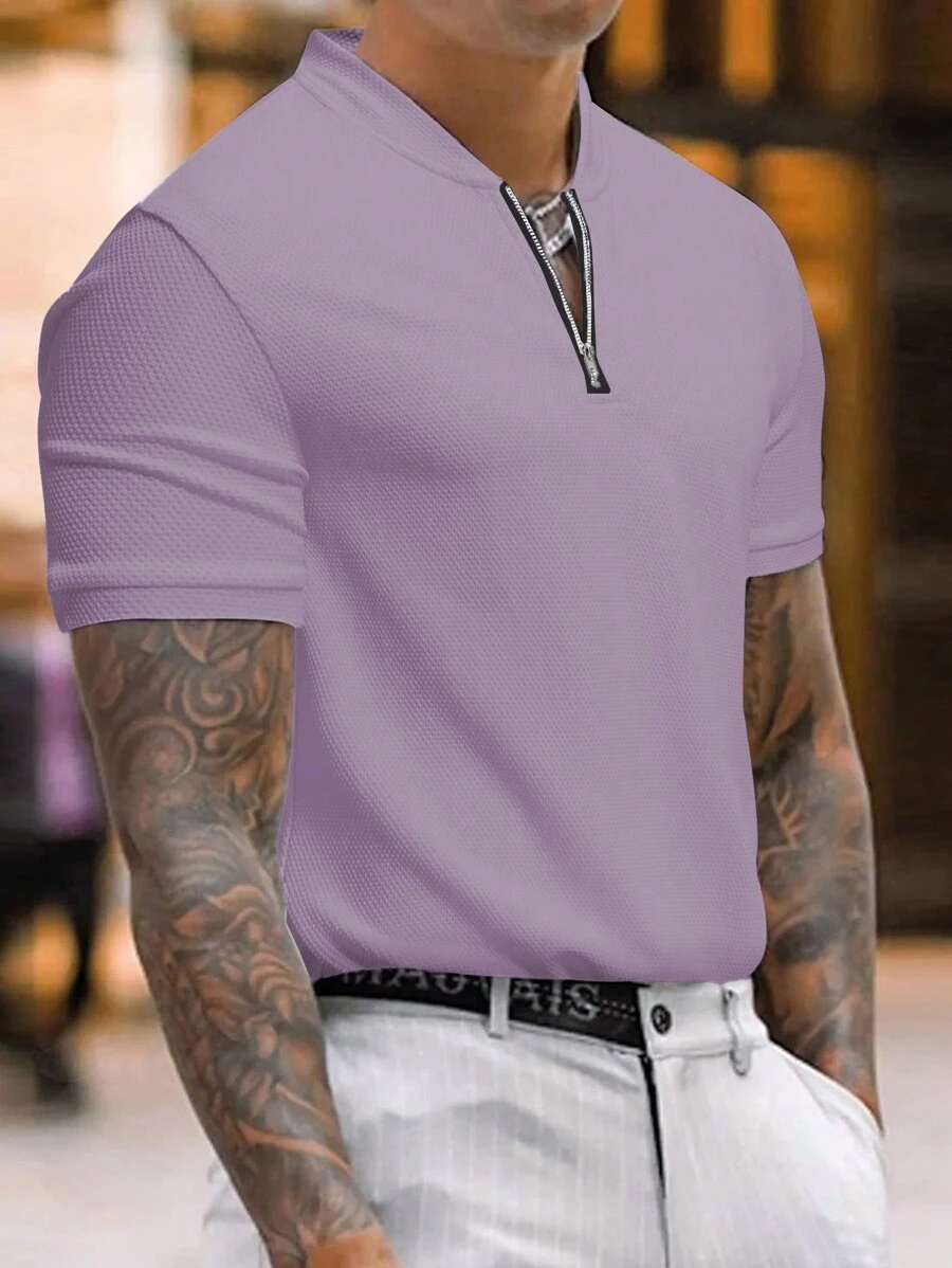 Manfinity Homme Men's Half Zip Polo Shirt With Stand Collar - Purple - View 1