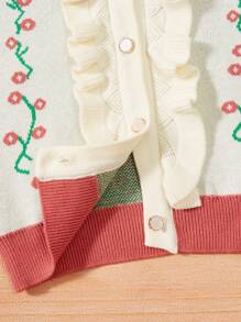 Baby Girls' Flower Pattern Round Neck Cardigan With Floral Lace & Button Design - Red Violet - View 6