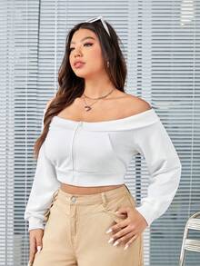 SHEIN EZwear Women's Off Shoulder White Sweatshirt - White - View 4