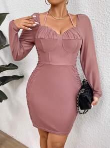 Allurite Của phụ nữ Kích thước lớn Xếp li Halter Neck Đầm - Màu nâu  Mocha - Xem 5