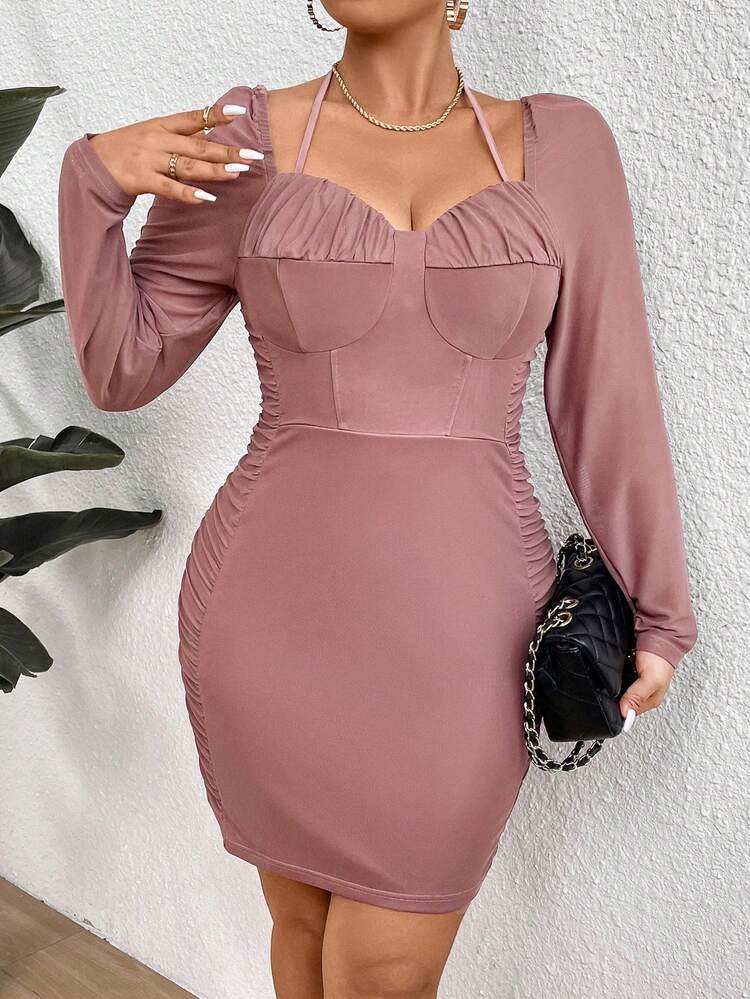 Women'S Plus Size Pleated Halter Neck Dress