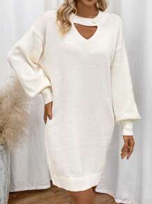 SHEIN LUNE 鏤空毛衣落肩連身裙 - 米色 - 查看 1