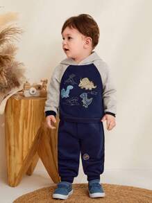 Baby Boy Dinosaur Print Raglan Sleeve Hoodie & Sweatpants - Navy Blue - View 4
