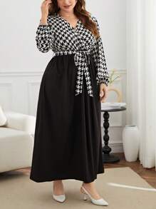 SHEIN Privé Robe Ceinturée Style Portefeuille Pied-de-poule De Grande Taille