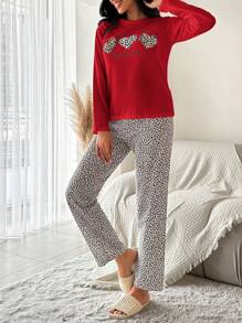 SHEIN Cottnline 女士心形豹纹睡衣套装（含上衣和裤子） - 紅色 - 查看 3